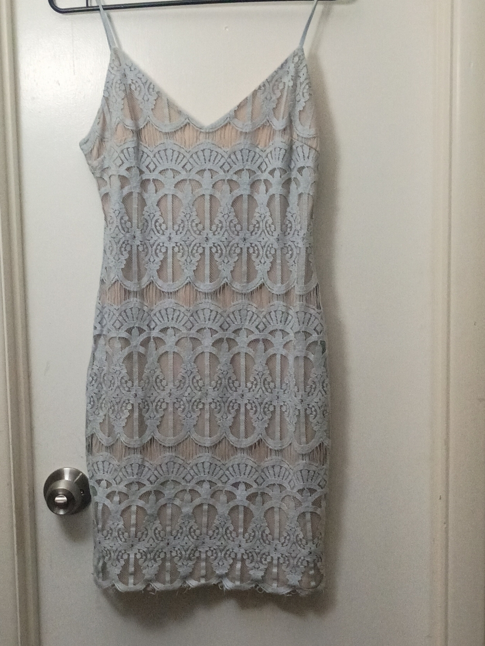 Delicate Light Blue Lace Midi Slip Dress with Scallop Detail